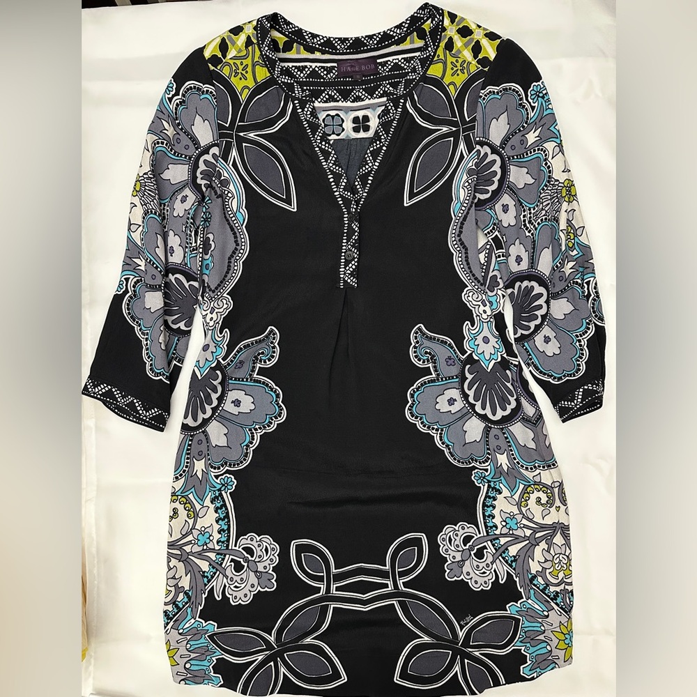 Hale Bob Black and Gray Floral Tunic Dress
